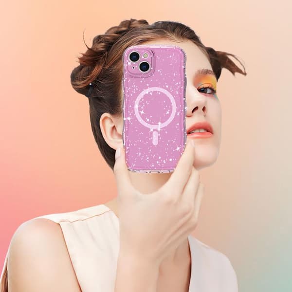 iPhone 16 Pro Max Wave Glitter MagSafe Magnetisk TPU Skal Transparent rosa