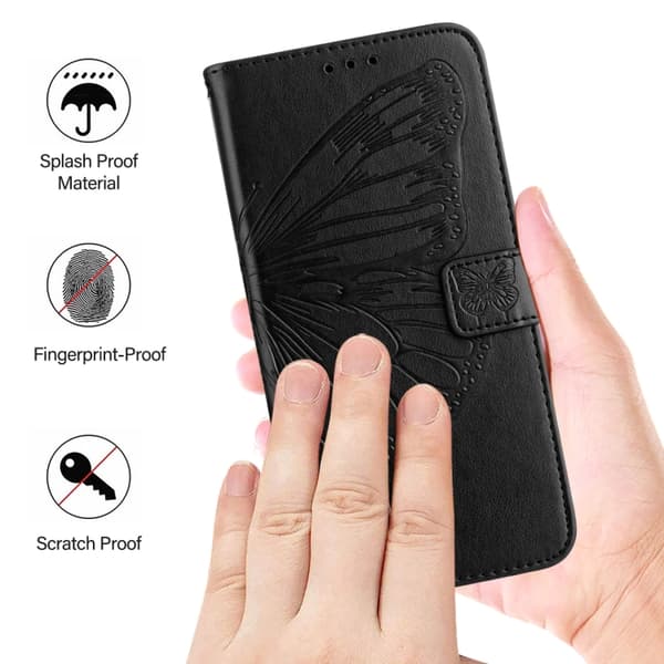 iPhone 16 Pro Max Embossed Butterfly Fodral - Elegant Skal Läder med Utsökt Design Svart