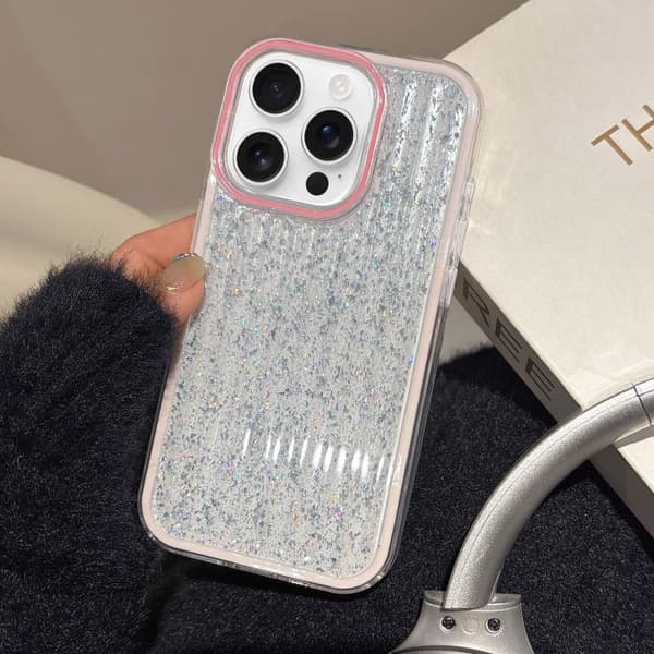 iPhone 16 Pro Glitter Corrugerad PC Hybrid TPU Skal Rosa