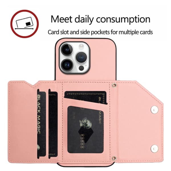 iPhone 16 Pro Max Skal med Fyra Kortfack och Handledsrem Rosa
