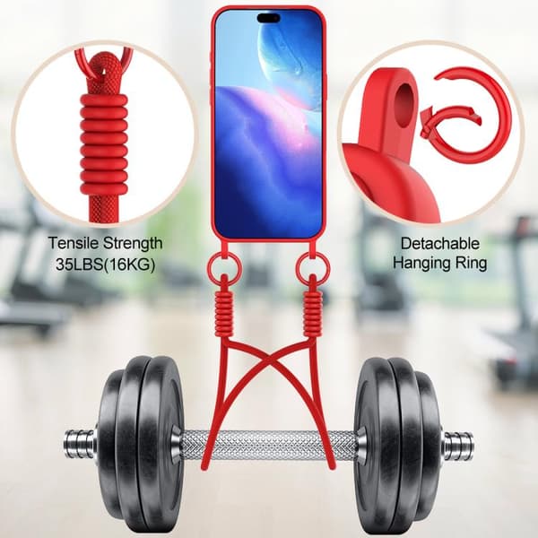 iPhone 18 Pro Max / iPhone 17 Pro Max Skal med Integrerad Kortväska - Solid Färg av Flytande Silikon med Kort Lanyard Röd