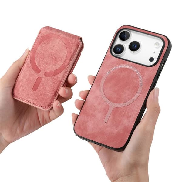 iPhone 18 Pro Max / iPhone 17 Pro Max Skal läderfodral med retro delbart magnetiskt stativ och kortfack Rosa
