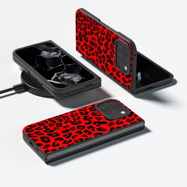 för Pixel 9 Pro Fold - Leopard Mönster Full Coverage Skal med Svart Ram Röd leopard