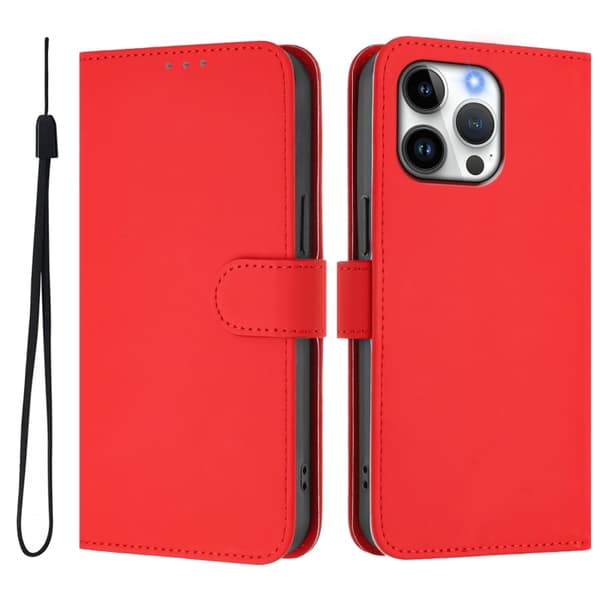 iPhone 16 Pro Max Skal Solid Färg med Lanyard - Läderfodral Röd