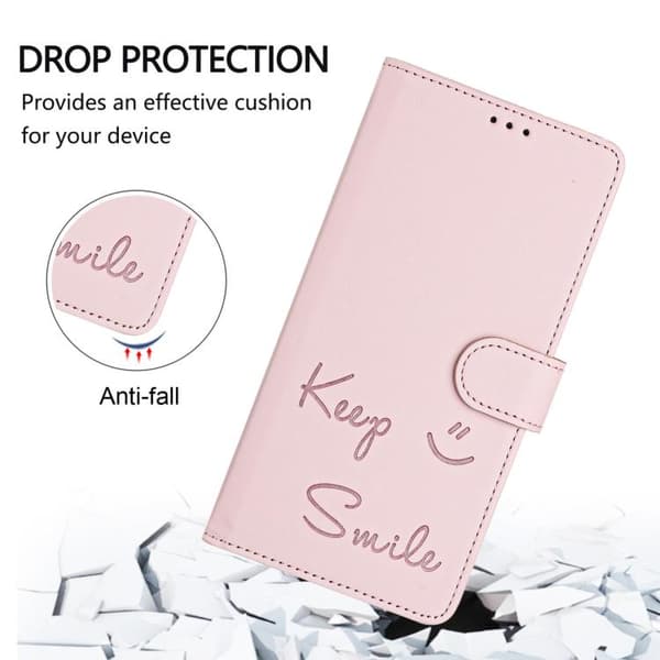 iPhone 17 Skal läderfodral med Smile Embossing RFID Rosa