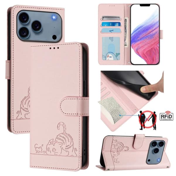 iPhone 18 Pro Max / iPhone 17 Pro Max Skal läderfodral med katt- och råttprägling och lanyard Rosa