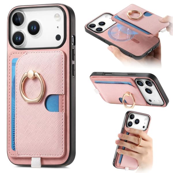 iPhone 18 Pro / iPhone 17 Pro Skal - Retro Korsläder med Ring och Sidofack för Kort, MagSafe Rosa