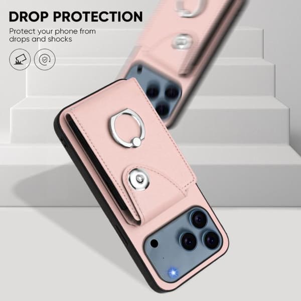 iPhone 18 Pro / iPhone 17 Pro Skal med Kortfack och Ringhållare - PU med Lanyard Rosa