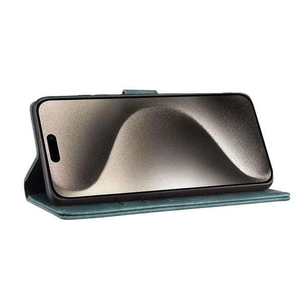 iPhone 18 Pro Max / iPhone 17 Pro Max Skal läderfodral med präglad katt och hjärta Grön