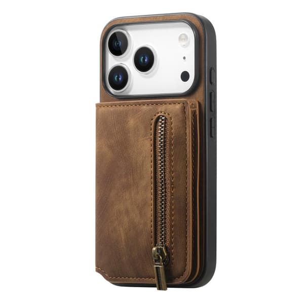 iPhone 17 Pro Max Retro Läder Dragkedja Plånbok Skal Brun