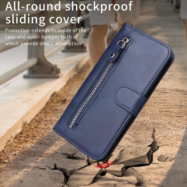 iPhone 18 Pro Max / iPhone 17 Pro Max Skal läderfodral - mode med kalvskinnstextur och dragkedja Blå