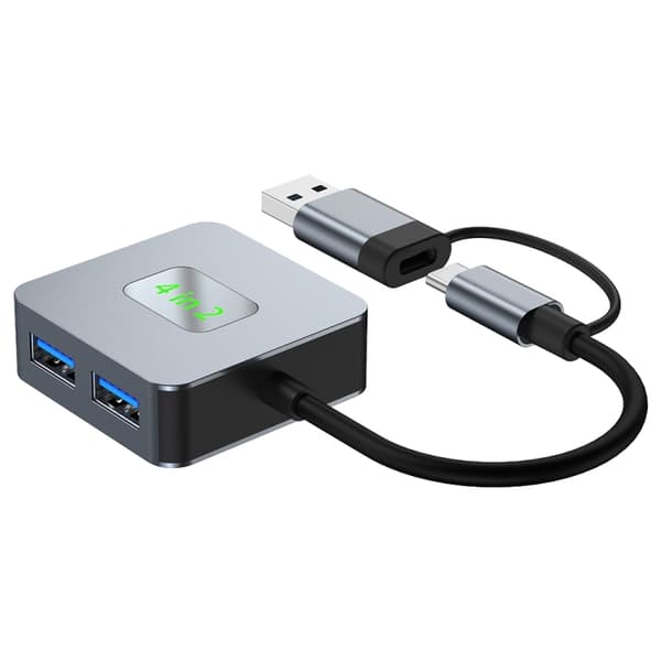 BYL-2320 4-i-2 USB + USB-C / Typ-C till USB 3.2 4-portars hub-adapter (Grå)