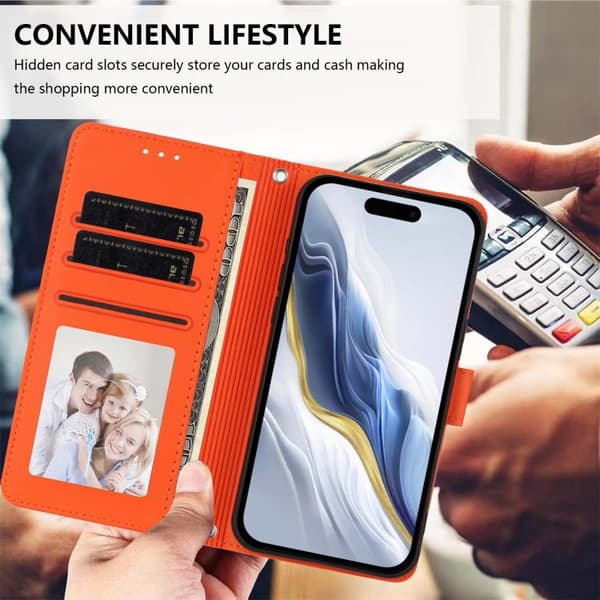 iPhone 18 Pro Max / iPhone 17 Pro Max Skal läderfodral med präglat hjärta och kattdesign samt handrem Orange