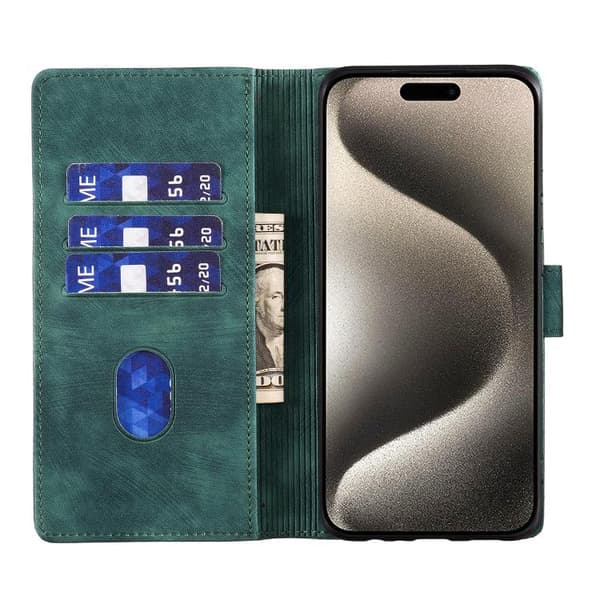 iPhone 18 Pro Max / iPhone 17 Pro Max Skal läderfodral med präglad katt och hjärta Grön