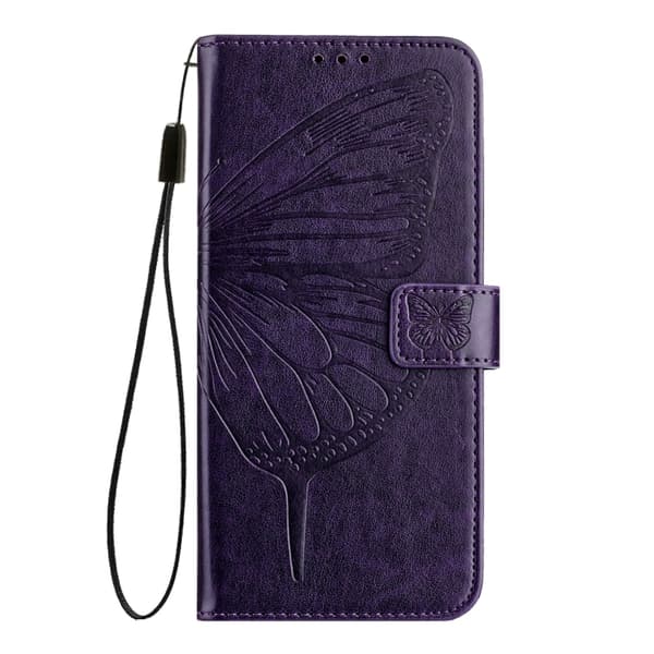 iPhone 16 Pro Max Embossed Butterfly Fodral - Elegant Skal Läder med Utsökt Design Mörklila