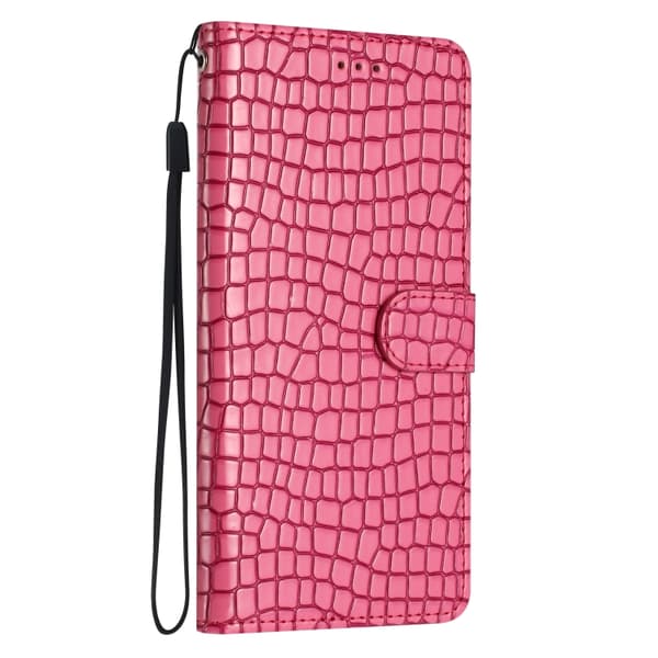 iPhone 16 Pro Crocodile Textur Horisontell Flip Skal Läder Fodral Rosröd