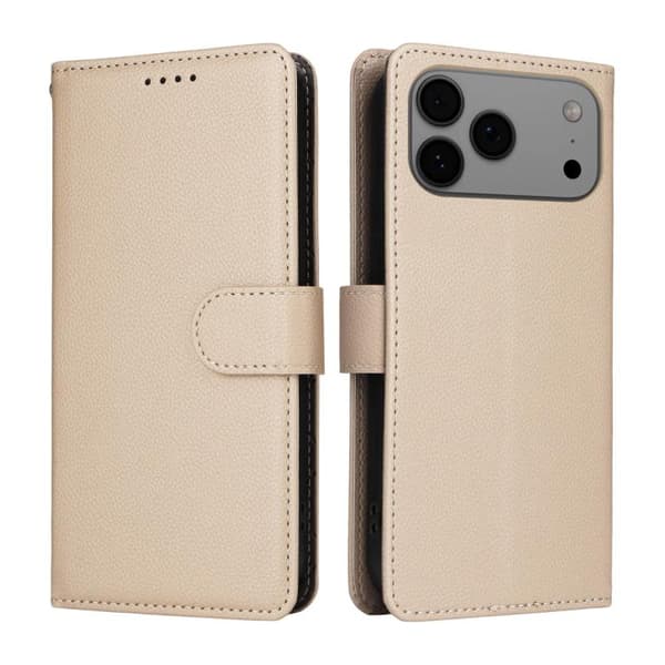 iPhone 18 Pro Max / iPhone 17 Pro Max Skal läderfodral med Litchi-textur och RFID-blockering för 3 kort Beige