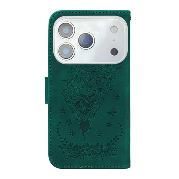 iPhone 18 Pro / iPhone 17 Pro Skal Läderfodral med Embossed Butterfly Rose Grön