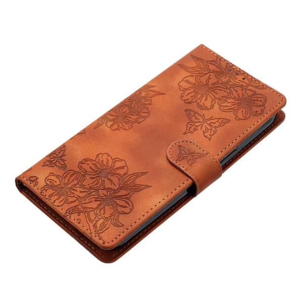 iPhone 18 Pro Max / iPhone 17 Pro Max Skal med Embossed PU och Körsbärsblomma Fjärilsmönster Brun