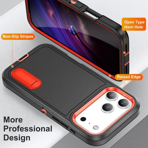 iPhone 18 Pro Max / iPhone 17 Pro Max Skal - robust PC + silikon med hållare Svart + Orange