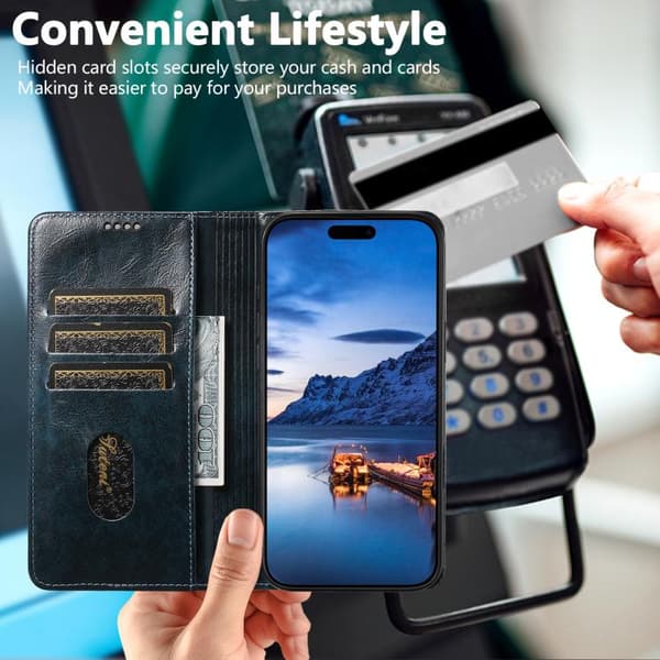 iPhone 17 Skal läderfodral - Baroque Kalvtextur med Spänne Blå