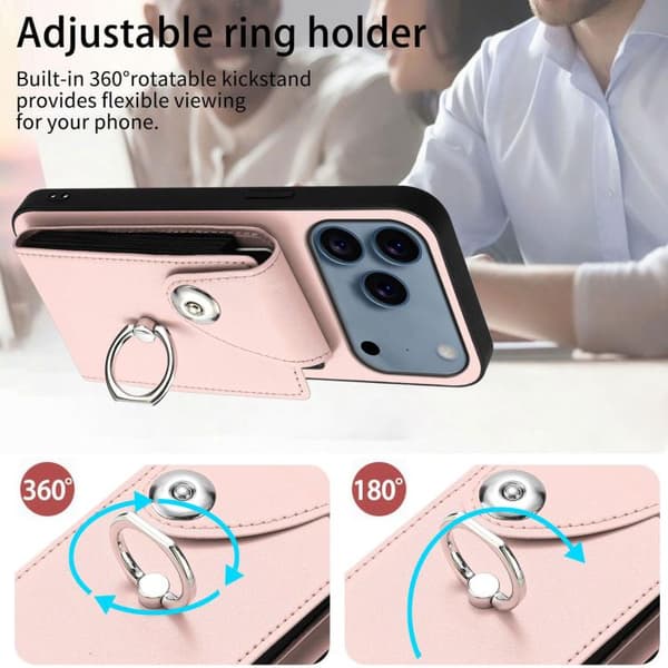 iPhone 18 Pro Max / iPhone 17 Pro Max Skal med Kortfack och Ringhållare Rosa