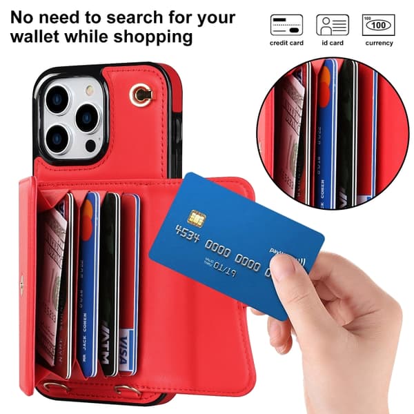 iPhone 16 Pro RFID-kortfack Skal med Lång Lanyard Röd