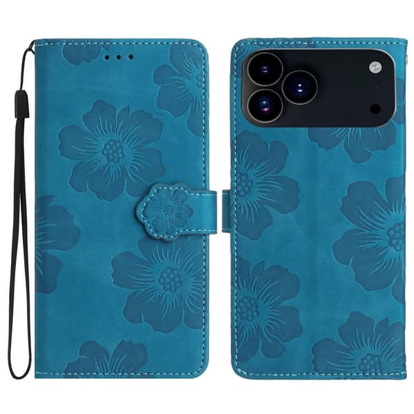 iPhone 18 Pro Max / iPhone 17 Pro Max Skal läderfodral med blomsterprägling Blå