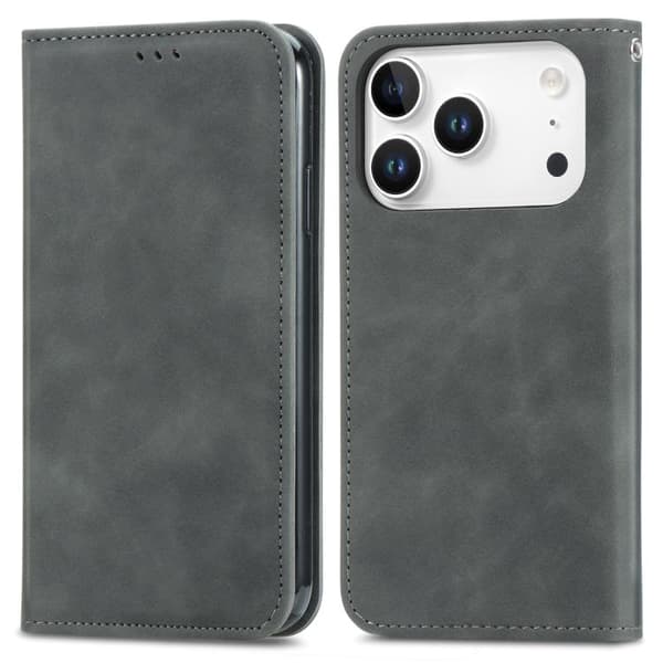 iPhone 18 Pro Max / iPhone 17 Pro Max Skal läderfodral med retro känsla och magnetisk flip Grå
