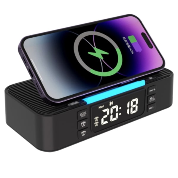 Digital väckarklocka trådlös laddare Bluetooth-högtalare RGB nattlampa mobiltelefonhållare (svart)