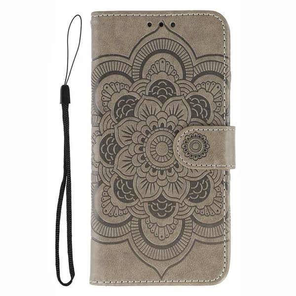 för Pixel 9a Skal med Sol Mandala Prägling Mönster - Elegant Läderfodral Grå