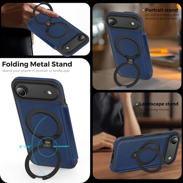 iPhone 17 Skal läderfodral med Knight Shield 360 Rotationshållare MagSafe RFID Blå