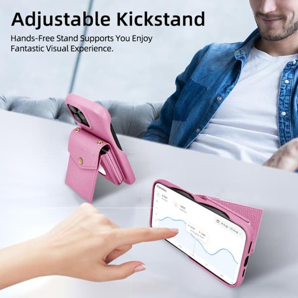 iPhone 16 Pro Litchi Textur Vertikal Kortväska Skal med Lång Lanyard Rosa