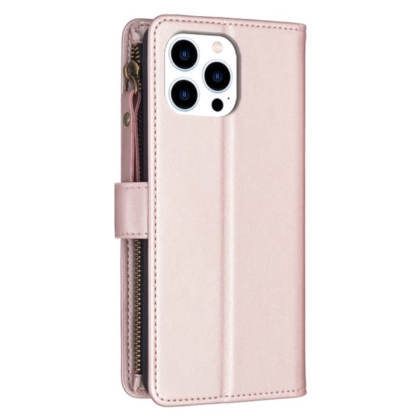 iPhone 16 Pro Max Fodral - 9 Kortfack Zipper Skal Läder Roséguld