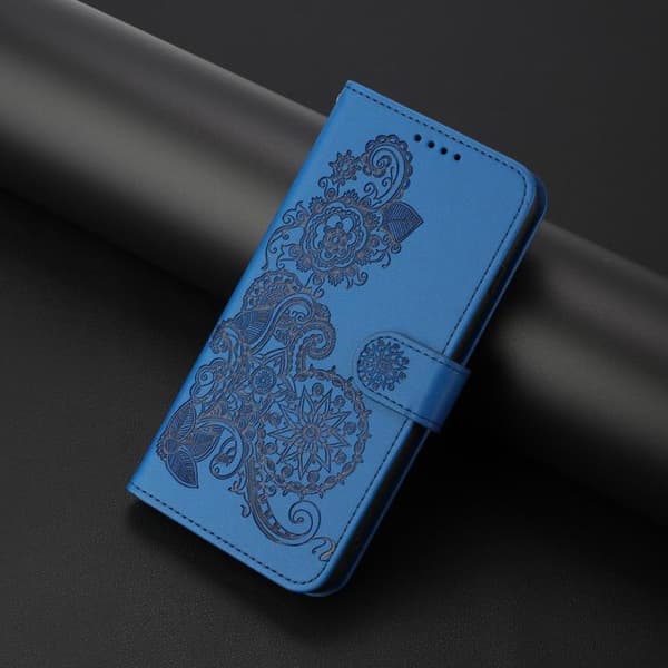 iPhone 17 Air Skal läderfodral med präglad Datura-blomma Blå