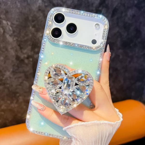 iPhone 17 Skal med Diamant Glittrande Ädelsten Hjärtformad Hållare Vit