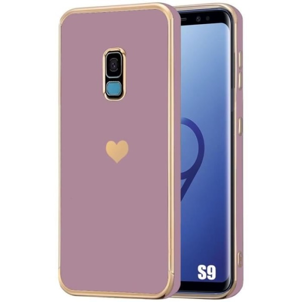 Cover til Samsung Galaxy S9 - Lilla - stødsikker i modstandsdygtig silikone med belagt og guld Love Heart-mønster Lila