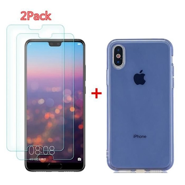 Mjukt flexibelt fodral för Apple iPhone XS (5,8")/ iPhone X, genomskinligt fodral 2 STK härdat glasfilm + 1 ST TPU Silikon Slim Cover Blå