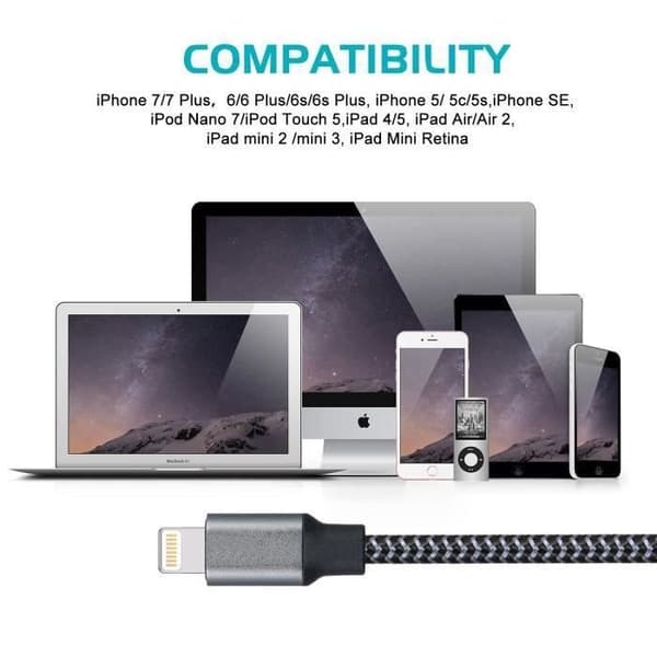 2st Laddarkabel 2M, Kabel för iPhone Xs max/Xs/XR/X 8 8Plus 7 7Plus 6 6S Plus/iPad/iPod