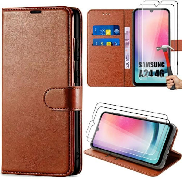 Samsung Galaxy A24 Fodral + 2 härdade glasögon - Anti-Scratch PU Läder Flip Fodral - Brun