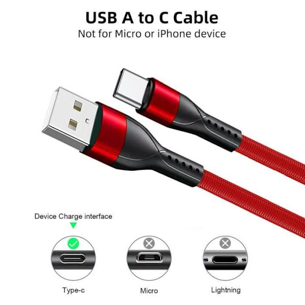 Set med 2 snabba USB-C-kablar för Samsung Galaxy A56 A55 A25 A15 A05s A35 S24 Ultra S24 FE - 1M röd nylonflätad Röd