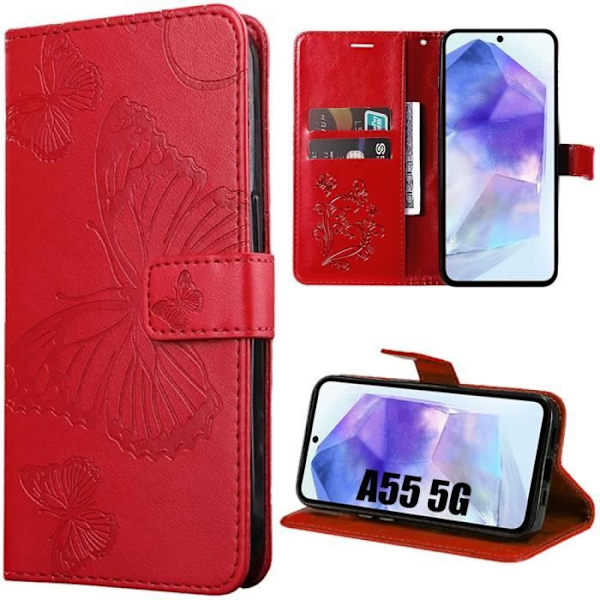 Fodral för Samsung Galaxy A05s (ej för A05), Stötsäkert Fjärilsmönster med skyddande lädereffekt - Röd Röd
