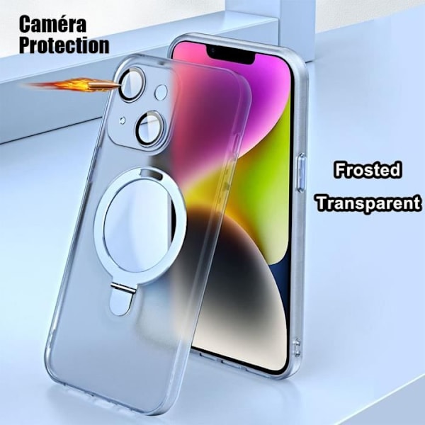 Fodral för iPhone 15 Pro Max, stötsäkert hårt fodral med justerbar magnetisk ringhållare och kameraskydd - genomskinlig blå