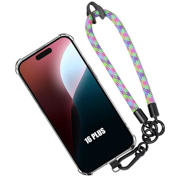 Fodral för iPhone 16 Plus, genomskinligt stötsäkert skydd med avtagbar flerfärgsrem