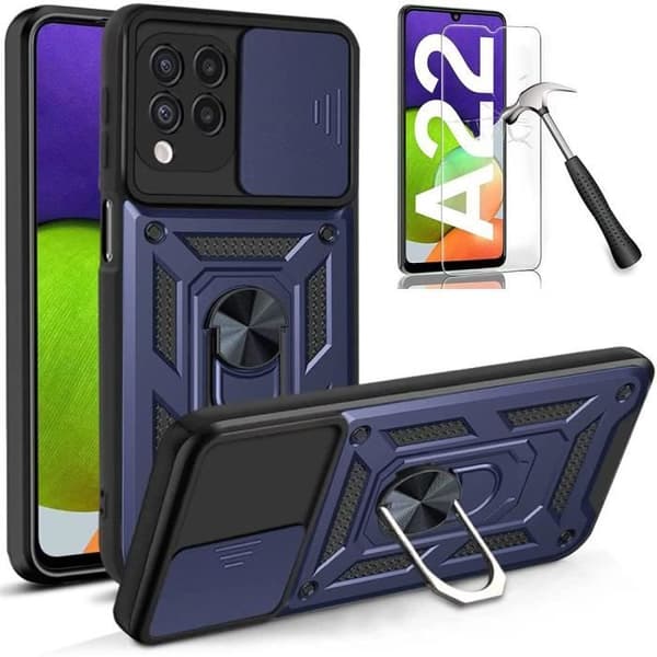 Skyddsfodral - BOOLING - för Samsung Galaxy A22 4G - Hårdfodral - 2 Härdat Glas - Mörkblå Armé Blå