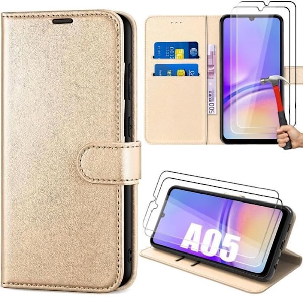 Fodral för Samsung Galaxy A05, guld PU-läder med kortplatser och stativfunktion + 2 härdade glasögon (ej för A05s) gyllene