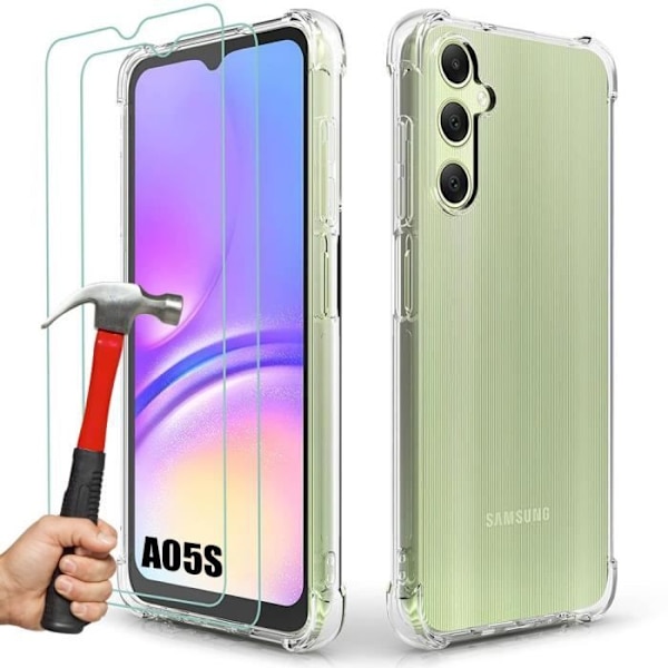 Fodral för Samsung Galaxy A05s - Transparent stötsäkert silikonskydd + 2 härdade glasögon (ej för Galaxy A05)