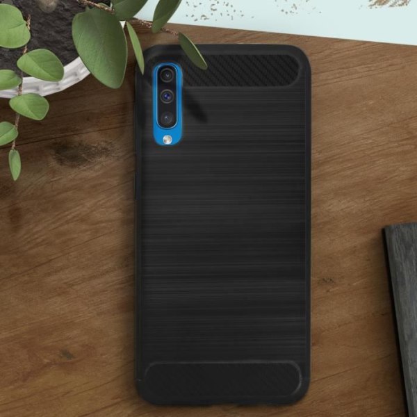 Etui til Samsung Galaxy A50 Silikone Gel Carbon Finish Børstet metaleffekt sort