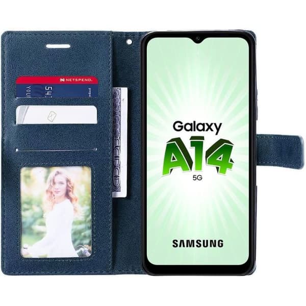 Fodral för Samsung Galaxy A14 4G/5G + 2 härdade glasögon, hellädereffekt Marinblå