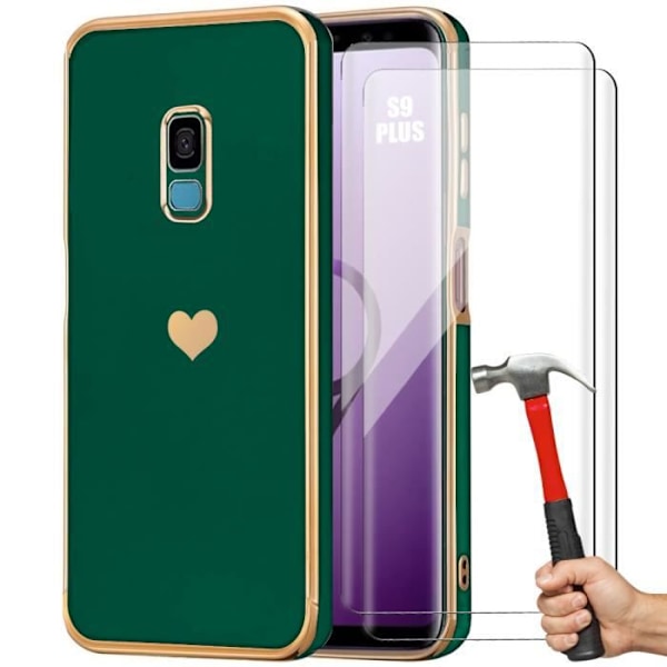 TPU-fodral för Samsung Galaxy S9 Plus (S9+) Nattgrönt mjukt skyddshjärtamönster + 2 härdade glasögon